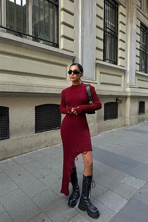 Asymmetrical Detailed Ribbed Knitwear Dress 2824
