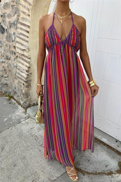 Strappy Pleated Detailed Colorful Maxi Dress 2748