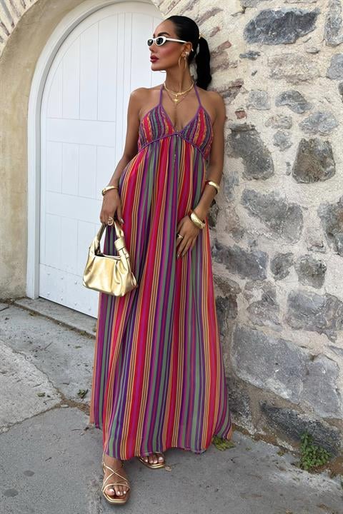 Strappy Pleated Detailed Colorful Maxi Dress 2748