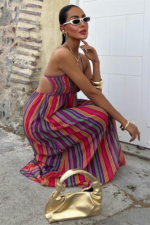 Strappy Pleated Detailed Colorful Maxi Dress 2748