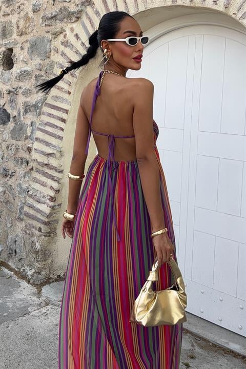 Strappy Pleated Detailed Colorful Maxi Dress 2748