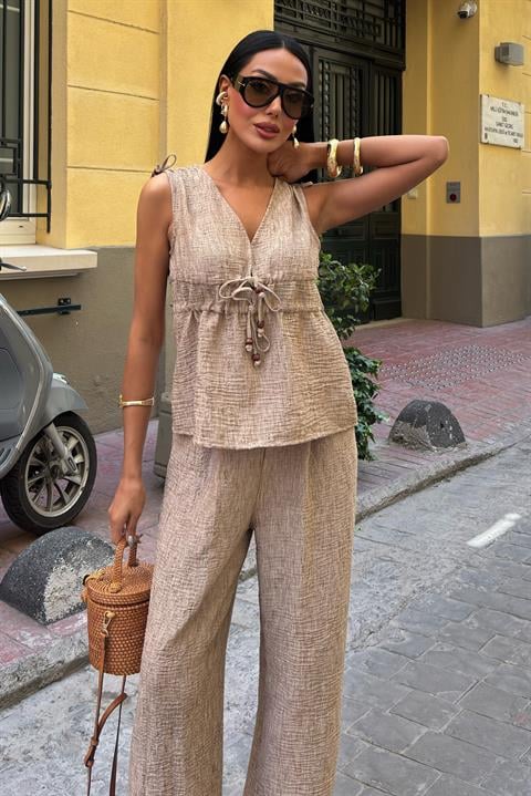 Bohemian Linen Suit with Tie Detail 10205