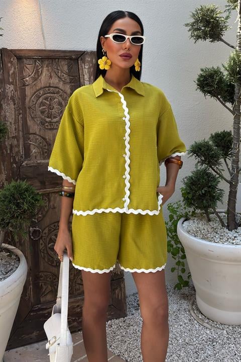 Piping Detailed Shorts Linen Suit 10123