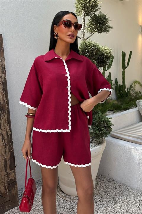 Piping Detailed Shorts Linen Suit 10123