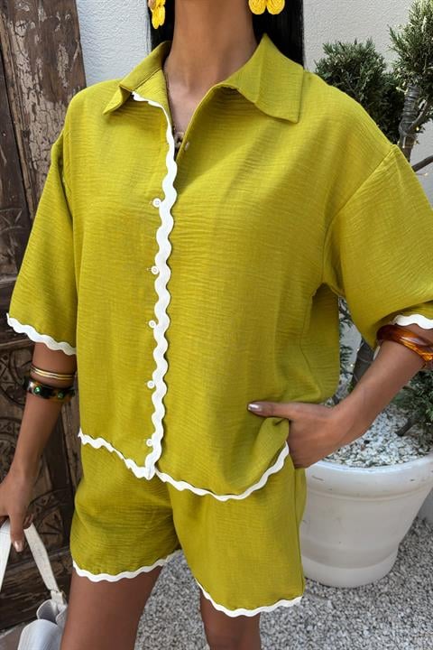 Piping Detailed Shorts Linen Suit 10123