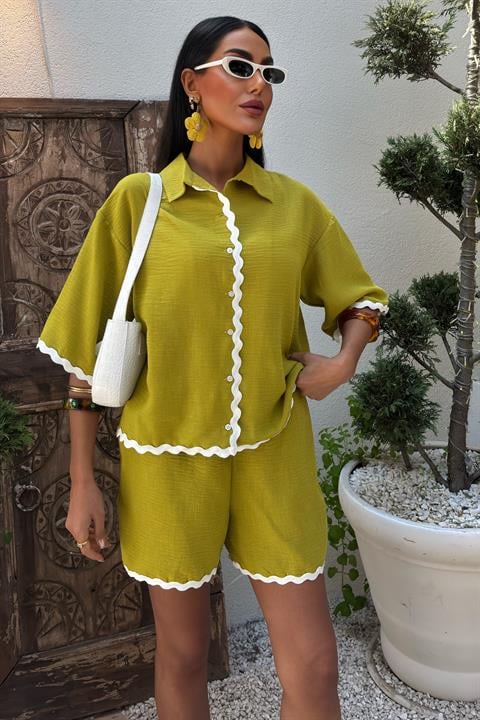 Piping Detailed Shorts Linen Suit 10123