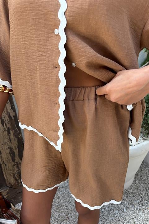 Piping Detailed Shorts Linen Suit 10123