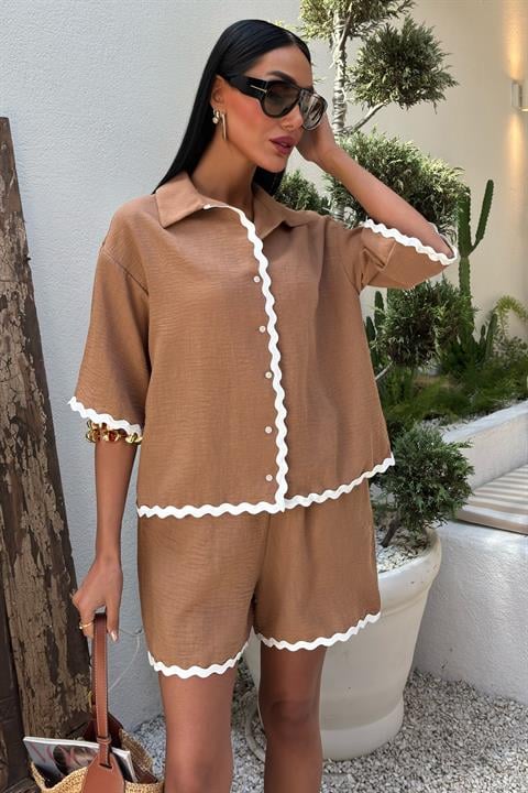 Piping Detailed Shorts Linen Suit 10123