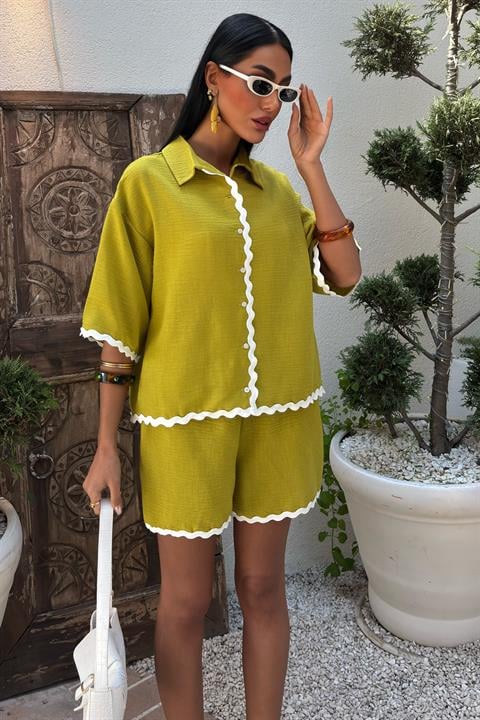 Piping Detailed Shorts Linen Suit 10123