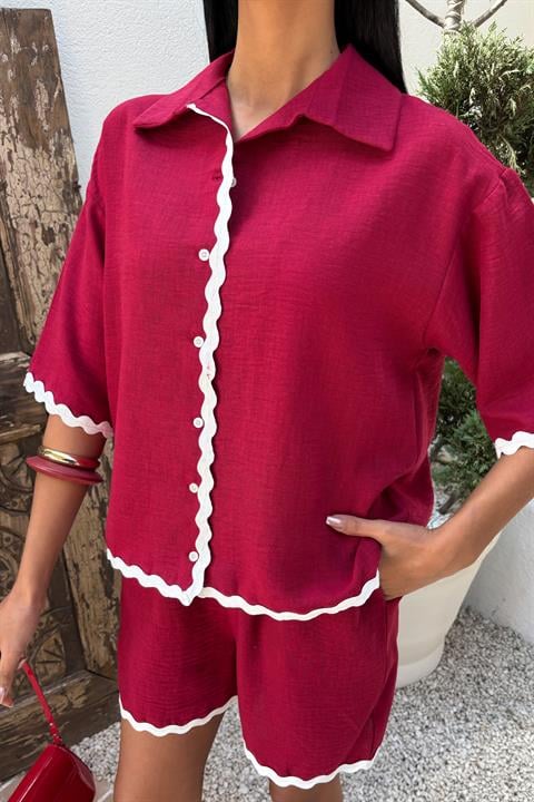 Piping Detailed Shorts Linen Suit 10123