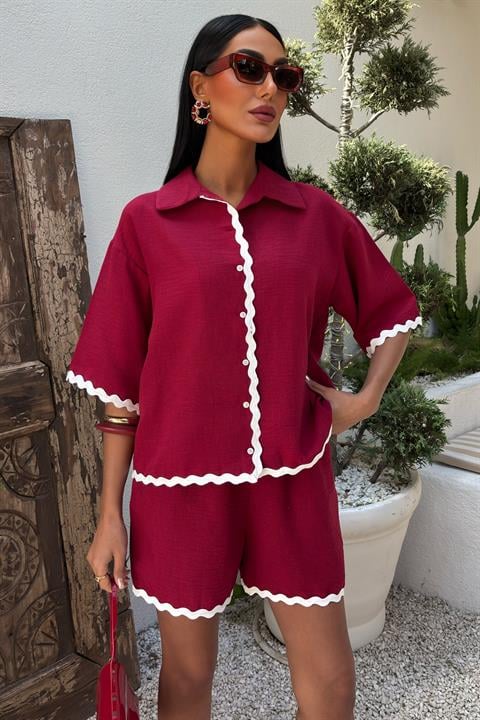 Piping Detailed Shorts Linen Suit 10123