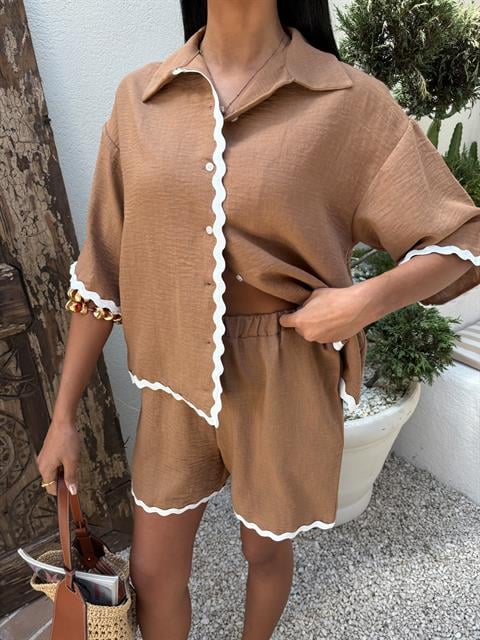 Piping Detailed Shorts Linen Suit 10123
