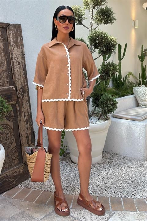 Piping Detailed Shorts Linen Suit 10123