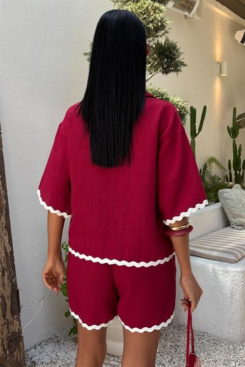 Piping Detailed Shorts Linen Suit 10123