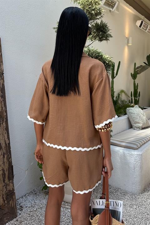 Piping Detailed Shorts Linen Suit 10123