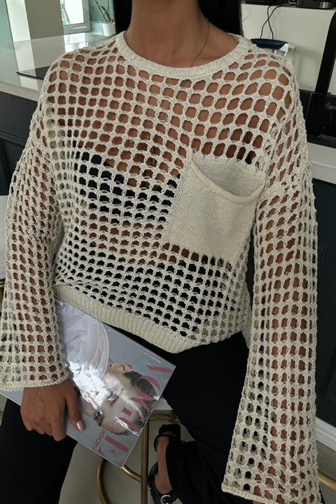 Pocket Detail Glittery Openwork Knit Blouse 1361