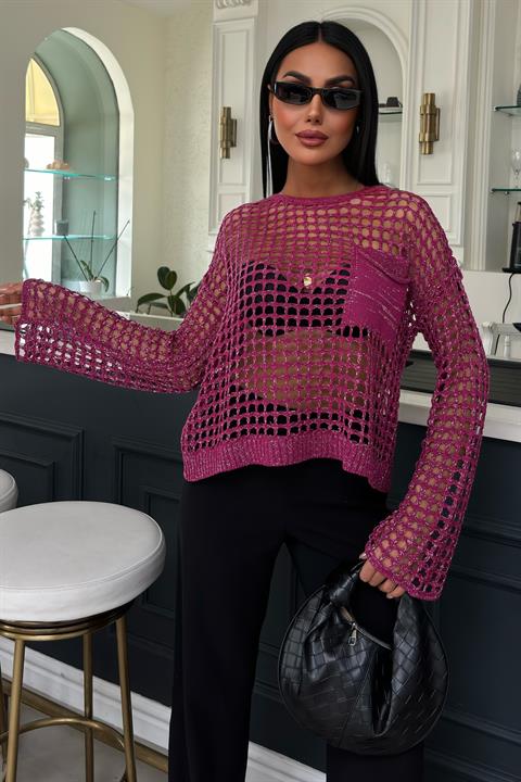 Pocket Detail Glittery Openwork Knit Blouse 1361