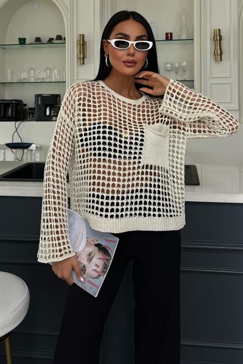 Pocket Detail Glittery Openwork Knit Blouse 1361