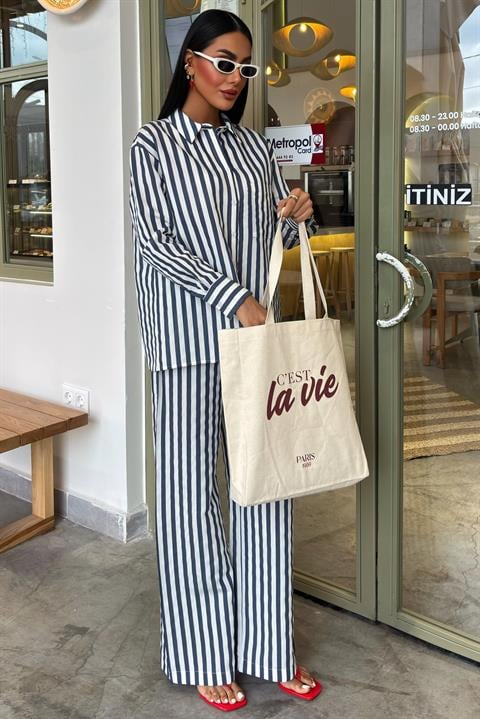 Casual Striped Suit with Pocket Detail 10172