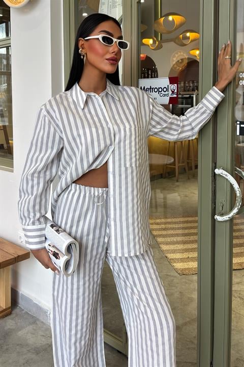 Casual Striped Suit with Pocket Detail 10172