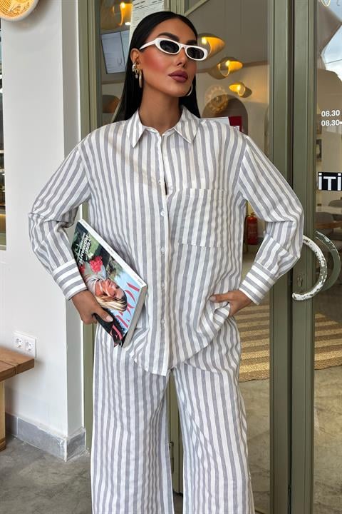 Casual Striped Suit with Pocket Detail 10172