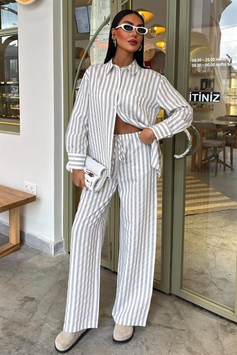 Casual Striped Suit with Pocket Detail 10172