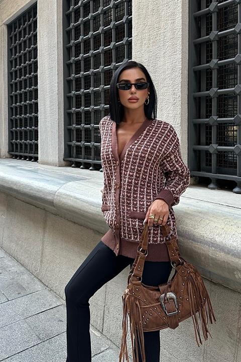 Pocket Buttoned Knitted Patterned Cardigan 5112-01