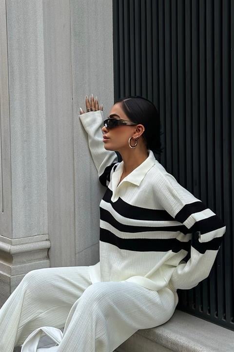 Cerly Striped Knitwear Trousers Sweater Set 9977