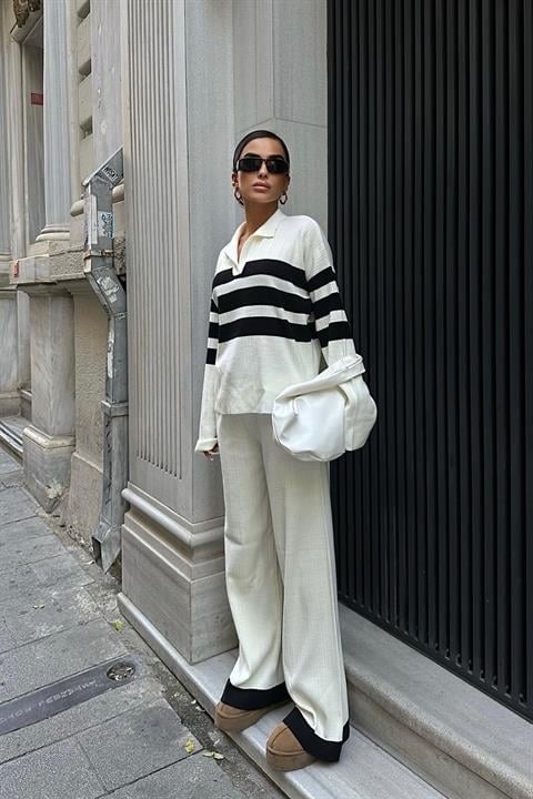 Cerly Striped Knitwear Trousers Sweater Set 9977