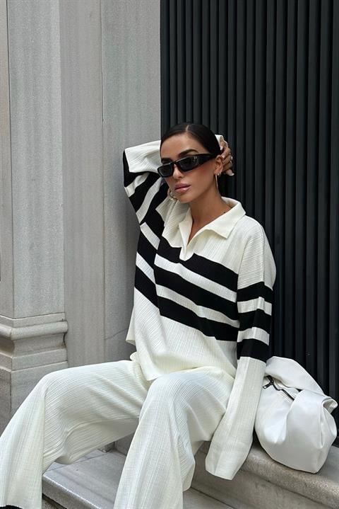 Cerly Striped Knitwear Trousers Sweater Set 9977
