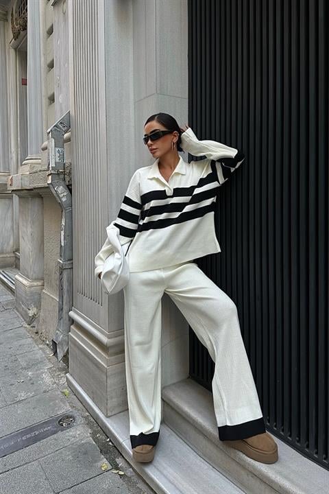 Cerly Striped Knitwear Trousers Sweater Set 9977