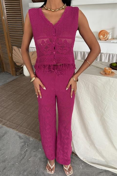 Floral Openwork Tassel Detailed Two Piece Suit 10141