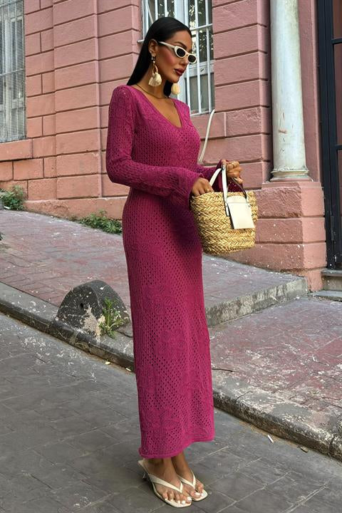 Flower Detailed Openwork Knit Dress 2857