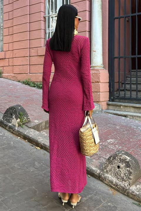 Flower Detailed Openwork Knit Dress 2857