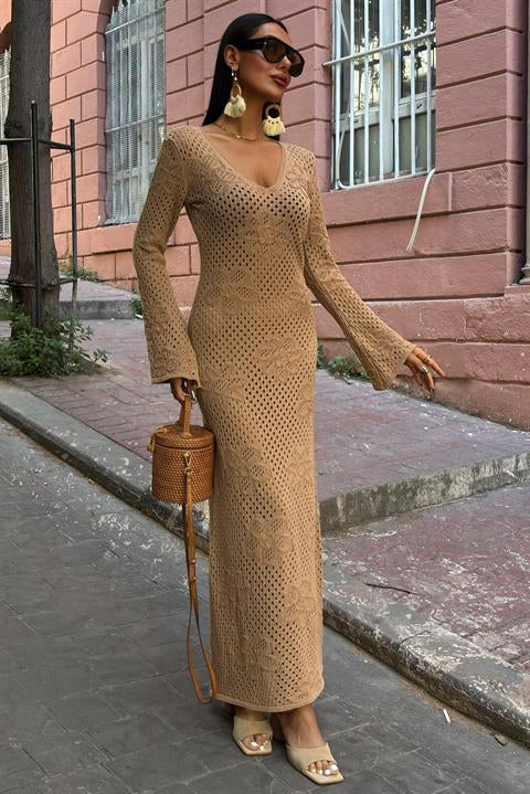 Flower Detailed Openwork Knit Dress 2857