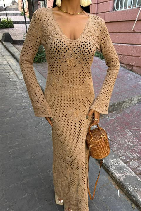 Flower Detailed Openwork Knit Dress 2857