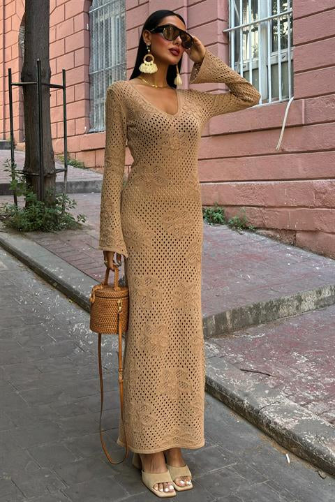 Flower Detailed Openwork Knit Dress 2857