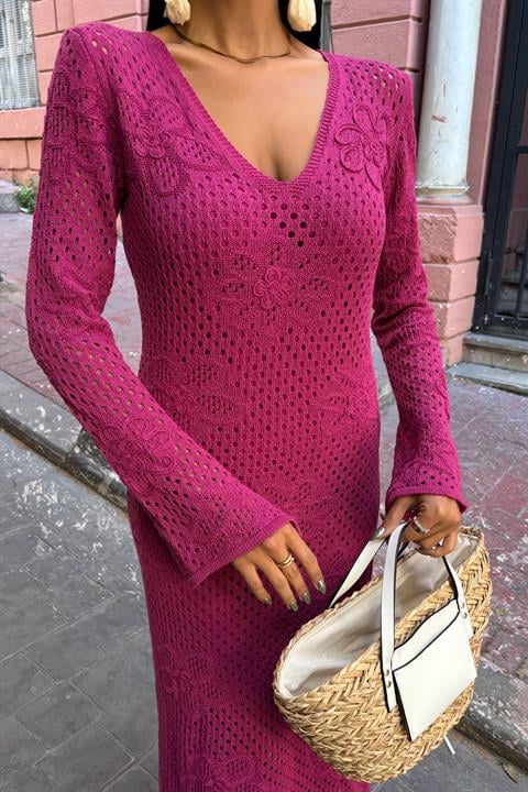 Flower Detailed Openwork Knit Dress 2857