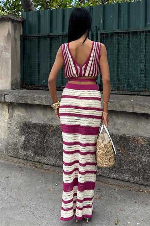 Striped Bikini Top and Skirt Knitwear Set 10110