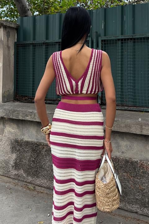Striped Bikini Top and Skirt Knitwear Set 10110
