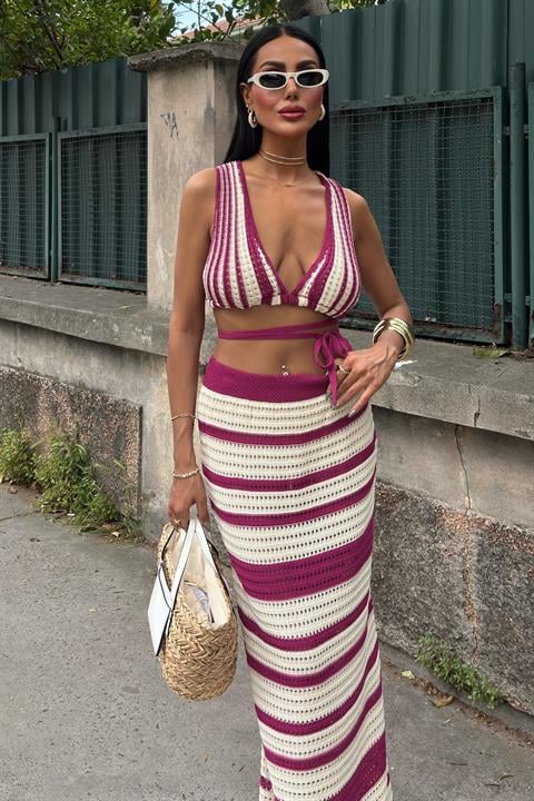 Striped Bikini Top and Skirt Knitwear Set 10110