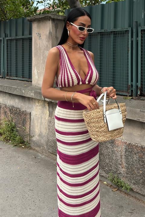 Striped Bikini Top and Skirt Knitwear Set 10110