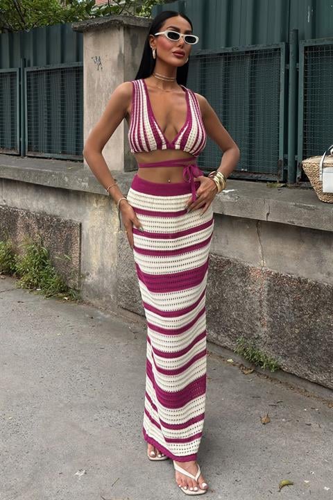Striped Bikini Top and Skirt Knitwear Set 10110