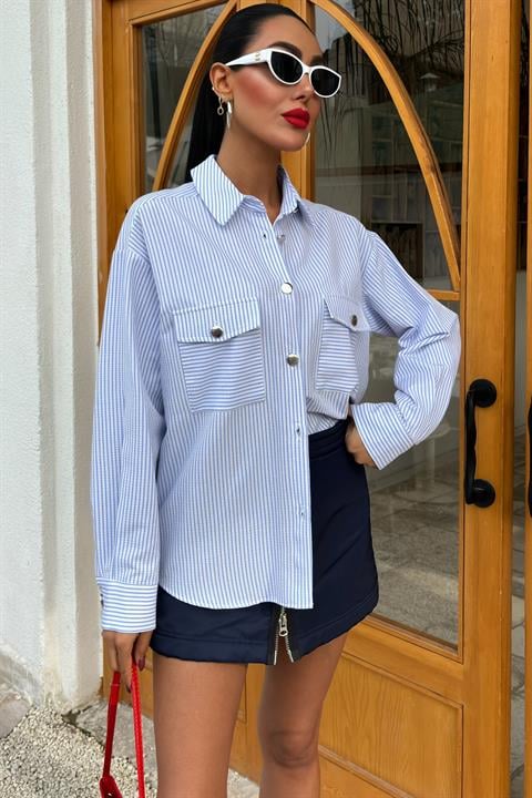 Striped Seersucker Metal Buttoned Shirt 3460