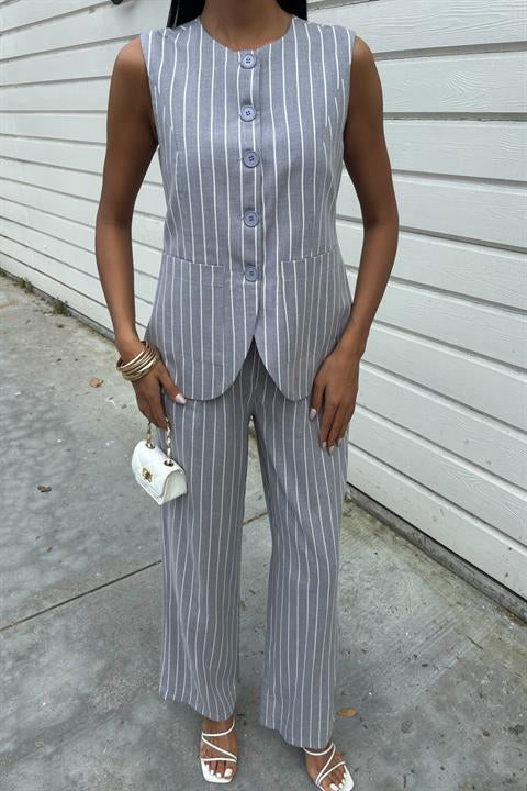 Striped Viscose Linen Vest Casual Suit 10121