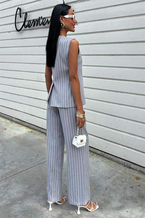 Striped Viscose Linen Vest Casual Suit 10121