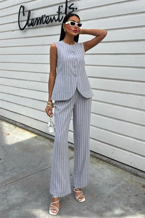 Striped Viscose Linen Vest Casual Suit 10121