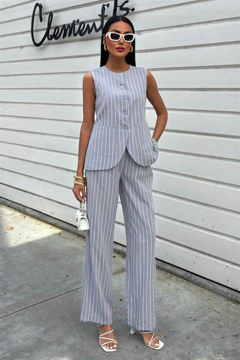 Striped Viscose Linen Vest Casual Suit 10121