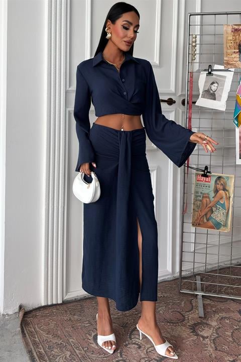 Crop Shirt and Pleated Skirt Design Suit 10195