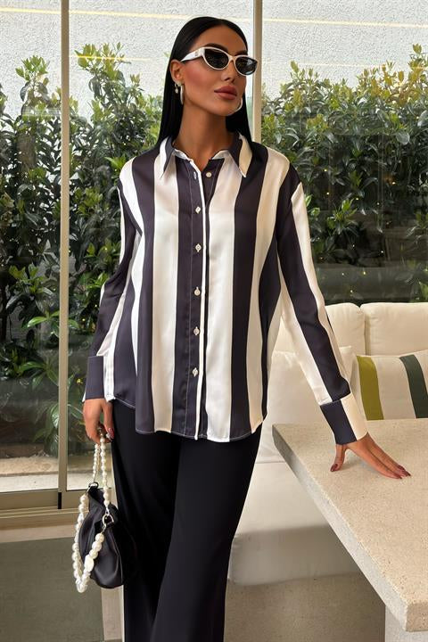 Bar Striped Chiffon Satin Shirt 3428